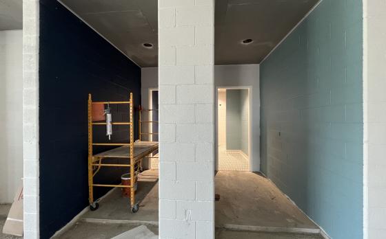 A photo of construction progress at the Sands Family YMCA of entrances to the locker rooms