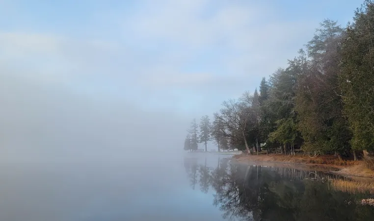 the fog is riding over Dart's Lake at Camp Gorham, as water hits the tree-lined shore