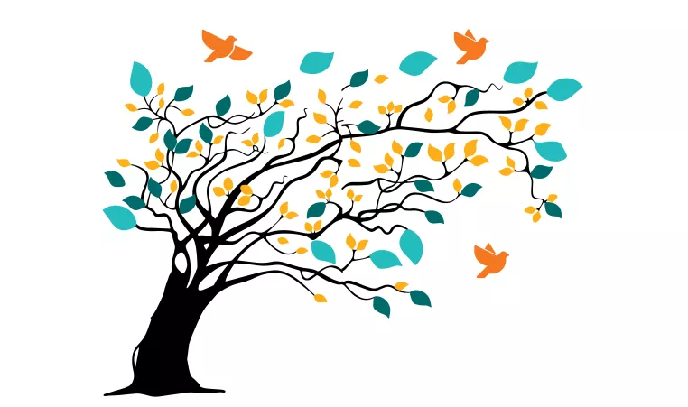 illustration of a tree with birds and leaves