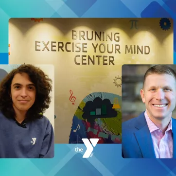 two staff members with the Bruning Exercise Your Mind Center sign in the background